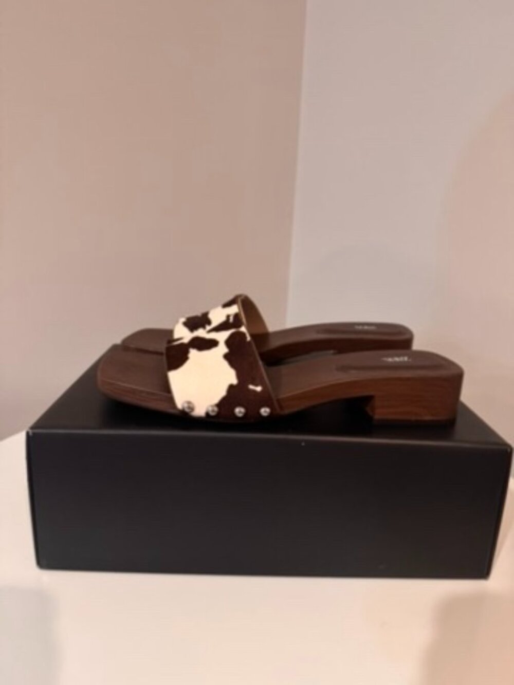 Zara cow-print leather mule clogs